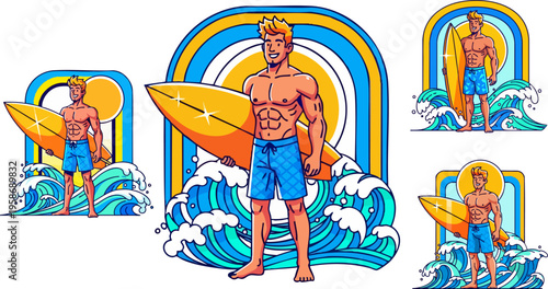 Retro surf character vector set, muscular surfer holding surfboard on ocean waves, vintage beach summer badge collection with sun and sea