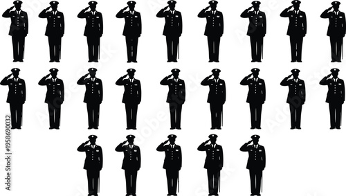 Heart shaped formation of saluting military personnel silhouettes, patriotic tribute vector illustration, respect honor design for veterans, armed forces