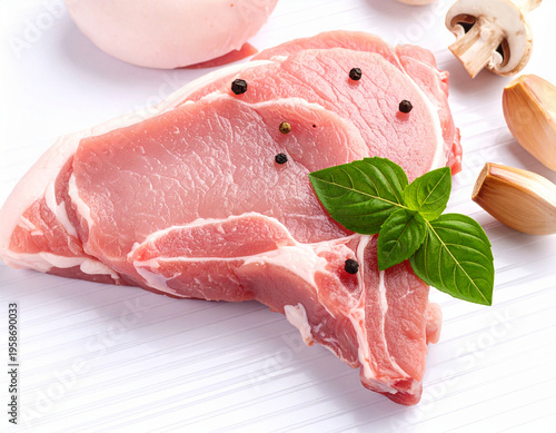 Raw porkchop with peppercorns, white backdrop. AI