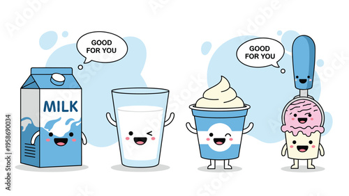 Cheerful dairy product characters including milk, a glass of milk, yogurt, and ice cream with speech bubbles promoting health.