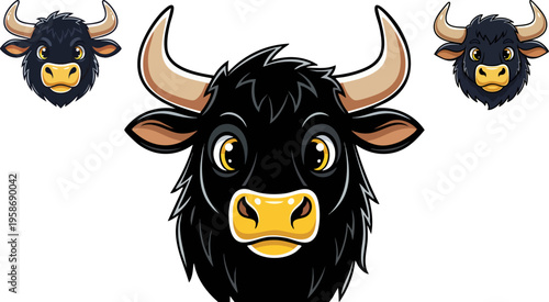 Cartoon bull head mascot vector, black yak or buffalo character with horns, friendly ox face illustration for sports logo and branding