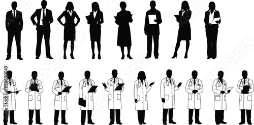 Business professionals silhouettes, corporate figures illustration, medical staff silhouettes, healthcare workers outline, office attire icons, doctors in lab coats, career diversity representation