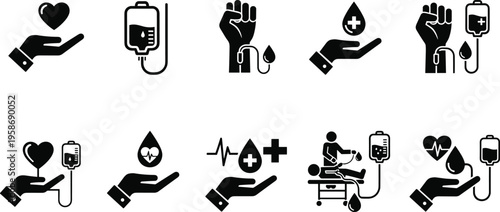 Blood donation icons, healthcare vector illustration, medical symbols artwork, heart and hands design, IV bag concept, wellness support, saving lives representation