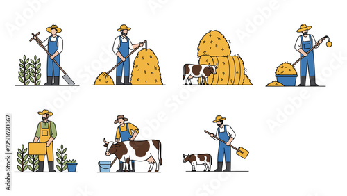Rural scene illustrations of farmers engaged in various agricultural tasks like feeding cows, moving hay, and tending to crops.