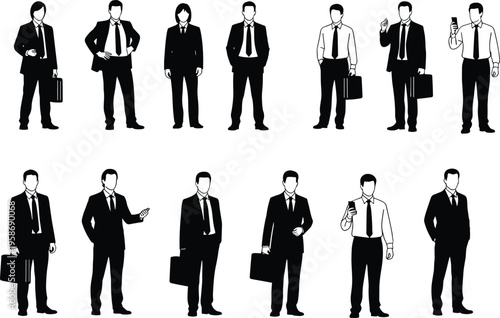 Businessmen silhouettes in suits, professional figures illustration, corporate icons, formal attire poses, office workers outline, executives with briefcases, mobile phone gestures