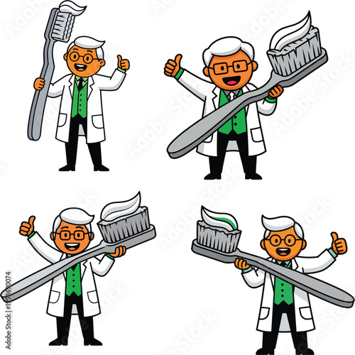 Dentist character set holding large toothbrush with toothpaste showing thumbs up for dental hygiene