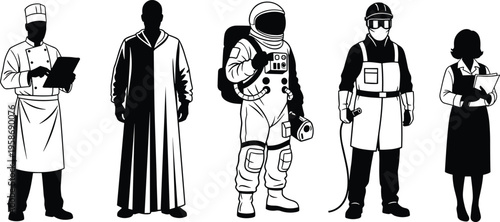 Diverse professions silhouettes, chef, religious leader, astronaut, construction worker, business professional, career diversity, occupational roles, workforce illustration, employment concept
