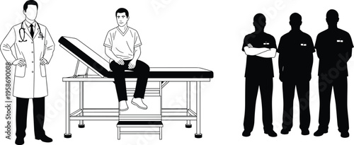 Doctor patient examination vector, medical staff silhouettes, healthcare teamwork illustration, hospital clinical scene clipart, emergency room design, patient care artwork
