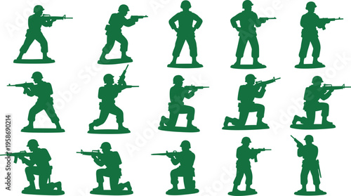 Green plastic toy soldiers silhouettes, military figures, combat stances, children playthings, army models, war poses, tactical positions, collectible figurines illustration