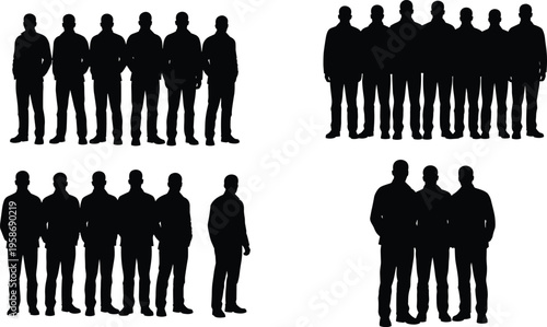 Group of male silhouettes, people standing together, social dynamics illustration, human figures comparison, crowd outline, teamwork concept, community gathering, unity representation
