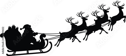 A silhouetted depiction of santa claus riding in a sleigh pulled by eight reindeer across a dark background