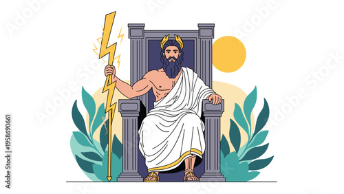 Powerful depiction of the Greek god Zeus seated on a stone throne with a lightning bolt against a sun and leaf background.