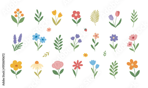 Adorable set spring and summer floral set with flowers, leaves, berries. Greeting cards, invitation Pastel hand drawn vector.  For Mother's Day, Easter, Women's Day, holiday invitation, banner