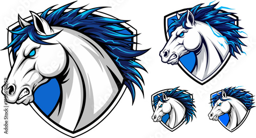 Aggressive horse mascot logo with blue mane, fierce stallion head on shield crest, esports team vector illustration, white mustang animal emblem