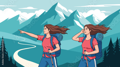 Two women with backpacks hiking through a beautiful mountain valley with a winding path and snow capped peaks in the distance.