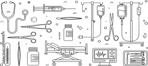 Comprehensive Clinical Medical Equipment and Hospital Infrastructure Icon Set featuring Surgical Tools, Patient Monitoring, and Healthcare Devices
