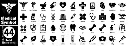 Solid medical symbol icons. Collection representing healthcare, research, and emergency services with equipment, body parts, and professional medical staff vector illustration.