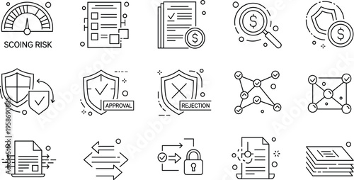 Corporate Risk Compliance and Security Protocol Icon Set featuring Risk Scoring, Security Approval/Rejection, and Financial Auditing
