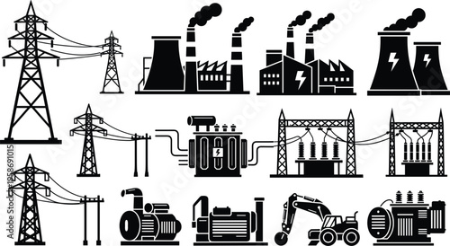 Industrial Power Infrastructure and Energy Generation Icon Set featuring Electrical Grids, Cooling Towers, Transformers, and Heavy Excavation Machinery