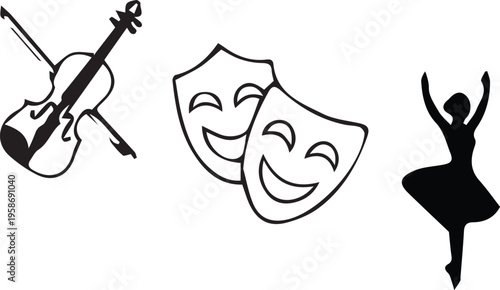 A black and white illustration of music, theater, and dance symbols