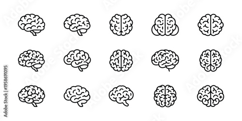Brain icon set, collection of icons representing human brain, intelligence, thinking, and mental processes for education, science, and innovation projects, vector illustration isolated on a white back