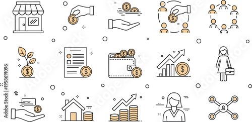 Professional Human Capital and Social Economics Icon Set featuring Small Business, CSR, Investment Growth, and Career Development