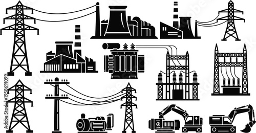 Power Generation and Heavy Industrial Infrastructure Icon Set featuring Transmission Towers, Power Plants, Transformers, and Construction Machinery