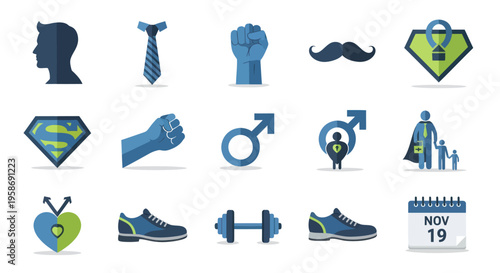 Father's Day Icons: Dad Silhouette, Tie, Fist, Mustache, Super Dad, Family, Fitness, Calendar
