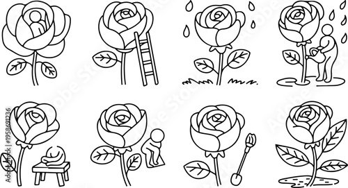 Whimsical rose care line art collection featuring giant blossoms with miniature figures and gardening scene