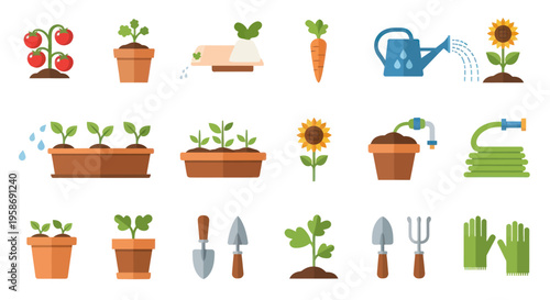 gardening tools and plants icons