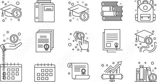 Education Finance and Academic Management Icon Set featuring Tuition Payments, Graduation Certification, and Student Logistics
