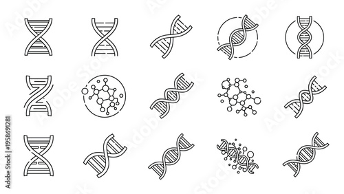 Assorted set of DNA double helix icons and molecular structures represented in clean black and white line art style.