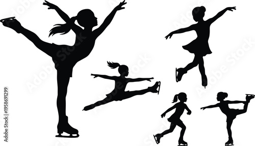 Figure skating silhouettes, female ice skaters, elegant spins, graceful jumps, extended leg positions, balance flexibility, artistry performance, competitive sport, dance on ice illustration