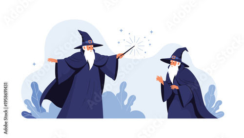 Two elderly wizards wearing traditional blue pointed hats and robes casting magic spells with a glowing wooden wand.