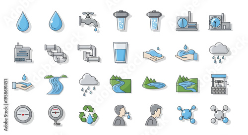 water cycle, conservation and management icons
