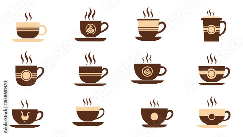 Large collection of diverse coffee cups and mugs featuring various latte art designs and rising steam in brown tones.