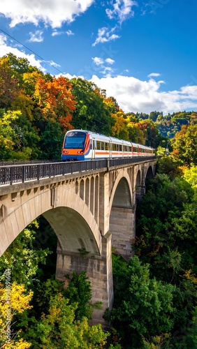 Train traverses stone arch bridge amidst lush autumnal trees under a bright blue sky