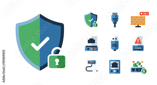 Cybersecurity and Network Security Icons: Shield, Lock, Firewall, USB, Router