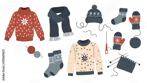 Selection of cozy winter apparel including knitted sweaters hats and mittens alongside yarn and knitting needles for crafts.