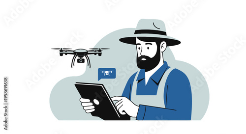 Farmer using tablet to control drone for precision agriculture on white background