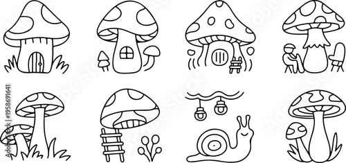 Enchanted mushroom village line drawings set showing fungi homes with cute characters and garden accessories