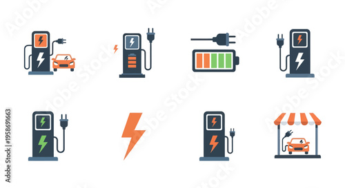 Electric Car Charging Station Icons Set, EV Charger, Battery Power, Energy