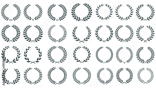 Extensive set of laurel wreaths and olive branch circular frames symbolizing victory success and achievement in various styles.