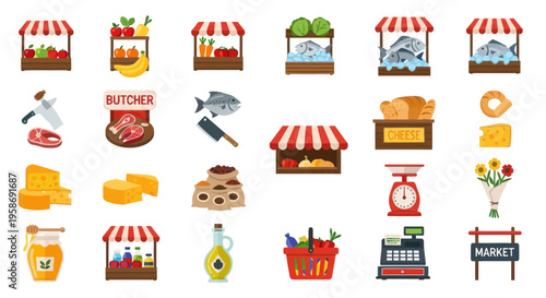 Fresh Market Stalls & Food Icons - Fruits, Vegetables, Fish, Meat, Cheese, Bread & More