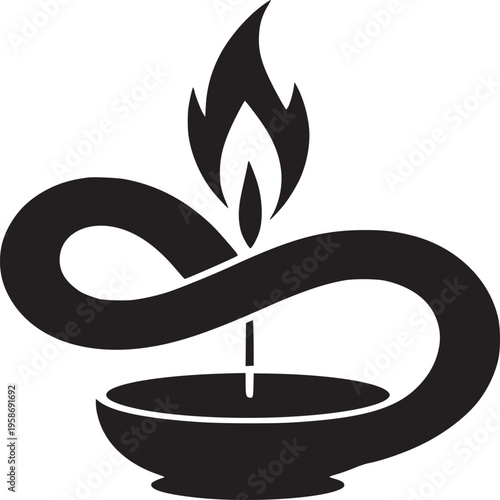Black silhouette of a candle with a flame and a curved holder on a white background design element
