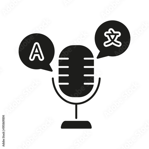 Microphone With Language Bubbles Solid Icon. Multilingual Audio Translation And Interpretation Silhouette Symbol. Language Learning And Communication. Isolated Vector Illustration