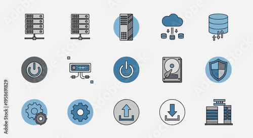 server icons, cloud computing symbols, data storage graphics