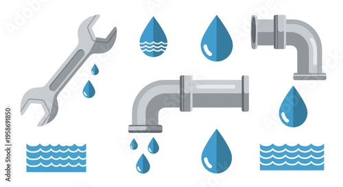 plumbing tools and water pipe icons with droplets on white