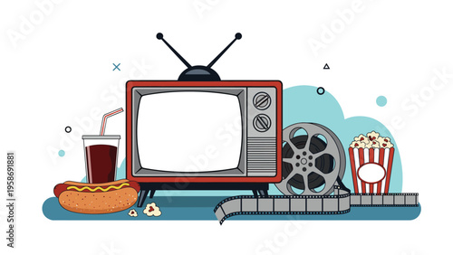 Retro entertainment scene featuring a vintage television set with movie theater snacks like popcorn soda and a hot dog.