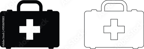 Medical first aid kit icons, minimalist black silhouette and thin line emergency bag vector set, healthcare and safety equipment symbols